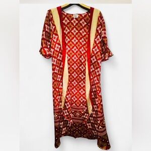 BAIZAAR Handmade 100% Silk Kimono Red Gold Floral Artisan Robe Made in India